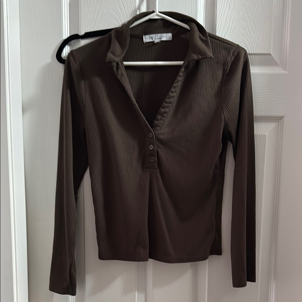 Brown Long Sleeve Ribbed Top
